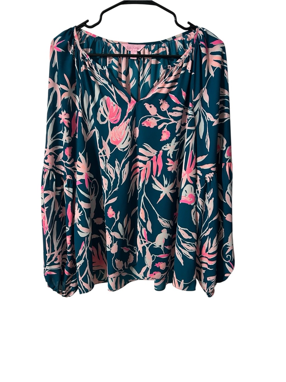 LILLY PULITZER Hidden Monkey Print Blouse V-Neck Long Sleeve Size Large